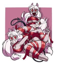 3girls animal_ears arms_behind_back arms_tied_behind_back cerberus_(helltaker) christmas demon demon_girl demon_horns demon_tail fang fangs happy happy_female helltaker holiday_clothing legs_tied legs_tied_together legs_together pile red_eyes ribbon ribboned_body simple_background simple_eyes smile smiling smiling_at_viewer tagme tail triplestabber white_hair wrapped wrapped_breasts wrapped_legs wrapped_up