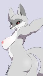 anthro ass big_breasts breasts canid canine canis death_(puss_in_boots) female fur grey_body grey_fur hi_res hidden-cat looking_at_viewer looking_back looking_back_at_viewer mammal mtf_crossgender nipples nude puss_in_boots_the_last_wish red_eyes rule_63 rule_63 simple_background solo standing wolf