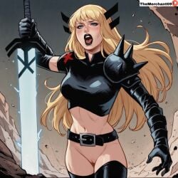 1girls ai_generated black_clothing black_lipstick blonde_hair bottomless female flowing_hair long_hair magik_(illyana_rasputin) marvel marvel_comics open_mouth partially_clothed pussy solo soulsword spikes standing sword themerchant69 thighhighs wide_hips x-men