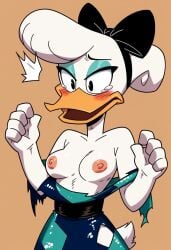 ai_generated blush daisy_duck ducktales_(2017) female female_only malfunction open_mouth suprised tearing_clothes tears torn_clothes wardrobe