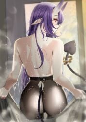 ass back bare_shoulders captain_hannah female from_behind horns long_hair looking_at_viewer looking_back mole mole_under_mouth oni oni_horns pointy_ears purple_hair red_eyes skin-covered_horns solo towel very_long_hair water wet