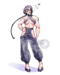 black_hair blush braid braided_hair chinese_clothes female female_only fighter full_body genderswap_(mtf) hip_vent hong_xiao-hu kengan_(series) kengan_ashura kengan_omega long_hair looking_at_viewer martial_artist martial_arts_uniform medium_breasts muscular muscular_female rule_63 single_braid smile solo standing tongue_out underboob yuudan