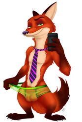 2017 animal_genitalia anthro balls brown_fur bulge canine cellphone claws disney fox fur green_eyes looking_at_viewer male male_only mammal necktie nick_wilde orange_fur penis phone purple_eyes rcc2002 see-through selfie sheath simple_background smile solo standing toe_claws topless translucent underwear white_background white_fur zootopia