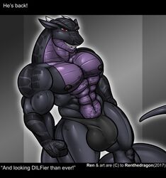 2017 abs anthro ballsack_outline black_scales bulge clothed clothing dragon grin horn male male_only multicolored_scales muscular muscular_male nipples pecs penis_outline purple_scales red_eyes renthedragon scales scalie skimpy smile solo standing teeth thong two_tone_scales