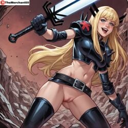 1girls ai_generated belt blonde_hair blush bottomless female long_hair magik_(illyana_rasputin) marvel marvel_comics no_panties open_mouth partially_clothed pussy shaved_pussy smile solo soulsword sword themerchant69 thighhighs x-men