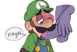 2boys balls blue_eyes blue_overalls blush brown_hair clothing dialogue erection facial_hair faggotrat floating_hand floating_penis gay green_hat green_shirt hat human looking_at_penis luigi male male_only mario_(series) moustache nintendo one_eye_closed open_mouth penis purple_skin rope rope_bondage sweat sweating transparent_background veiny_penis