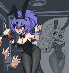 bunny_ears bunnysuit drink ekowrosmi milkshake purple_hair restaurant shy