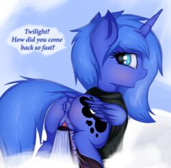 2017 alicorn anus ass blue_hair book clothing cutie_mark dialogue english_text equine feathered_wings feathers female feral friendship_is_magic hair hi_res horn mammal my_little_pony open_mouth princess_luna_(mlp) pussy pussy_juice solo text twiren wings