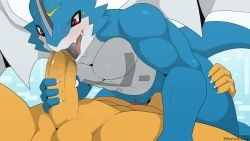 16:9 4k 69_position absurd_res anthro anthrofied balls bandai_namco digimon digimon_(species) duo erection exveemon foreskin genitals hi_res humanoid_genitalia humanoid_penis low-angle_view male male/male muscular open_mouth open_smile oral penis sex smile wargreymon widescreen winick-lim