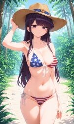 "hellish228". ai_generated american_flag_bikini armpits beautiful_female bikini black_hair female jungle komi-san_wa_komyushou_desu komi_can't_communicate, komi_shouko pink_eyes serious_look sexy_armpits straw_hat string_bikini thick_thighs