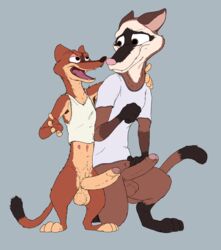 2boys absurd_res anthro balls big_balls big_penis black_footed_ferret bottomless clothed clothing comparing comparing_penis delirost disney duke_weaselton duo erection ferret foreskin fur gay grey_background hi_res humanoid_penis male male_only mammal mustelid penis scar shirt simple_background size_difference skinny travis_(zootopia) uncut weasel yaoi zootopia