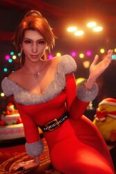 3d 3d_model cake christmas christmas_dress christmas_lights christmas_outfit cleavage dress earrings final_fantasy final_fantasy_vii final_fantasy_vii_remake jessie_rasberry jewelry looking_at_viewer patreon posing_for_the_viewer red_dress sreliata_(artist) tight_fit