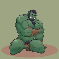 2017 balls biceps body_hair chest_hair clothed clothing digital_media_(artwork) foreskin green_skin hair hairy_balls hi_res humanoid loincloth male male_only mostly_nude muscular muscular_male nipples orc orc_male partially_clothed pecs penis piercing red_eyes rheobear scruffymusk solo solo_male topless tusks