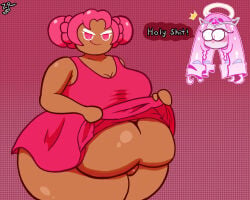2girls bbw cookie cookie_run cookie_run_kingdom dress dress_lift english_text eternal_sugar_cookie fat fat_female fat_fetish female female_only fupa halo hollyberry_cookie multiple_girls overweight overweight_female pink_dress pink_eyes pink_hair speech_bubble text yuri zorkoth