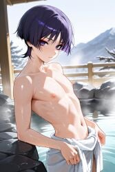 1boy ai_generated almost_naked bangs bangs_between_eyes blunt_ends erect_nipples eyeliner femboy femboy_focus femboy_only feminine_male foggy genshin_impact looking_at_viewer male male_only midriff navel nipples onsen partially_submerged purple_eyes purple_hair scaramouche_(genshin_impact) shigure_bl shiny_skin skinny slim slim_waist solo solo_focus solo_male standing steam steamy topless topless_male towel towel_around_waist wanderer_(genshin_impact) wet white_skin