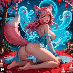 1girls ai_generated big_breasts breasts cameltoe curvy feet female female_focus fox_ears fox_girl fox_tail furry ghost ghost_hands halloween halloween_costume innocent kitsune looking_at_viewer looking_shy melissa_(stblfantasy) original pink_hair pussy seated solo stable_diffusion stblfantasy teeth thick_thighs thighs turquoise_eyes vagina young_female