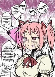 1girls blush brainwashing color corruption english_text hypnosis madoka_kaname mahou_shoujo_madoka_magica mental_transformation mind_control personality_change pigtails pink_eyes pink_hair school_uniform schoolgirl sweat sweatdrop sweating text text_bubble tongue tongue_out tousyoku translated