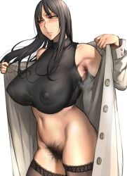 1girls armpit_hair big_breasts black_hair black_shirt blush crop_top hairy_pussy long_hair looking_away nipple_bulge nude open_clothes original pepe_(jonasan) pubic_hair shirt sleeveless sleeveless_shirt solo standing steam thighhighs turtleneck