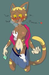 animal_crossing anthro blush breasts brown_fur digital_media_(artwork) disembodied_hand english_text exposed feline female fur grope katt_(animal_crossing) mammal nintendo nipples open_mouth panting sarcasticcartoonist_(artist) simple_background text video_games