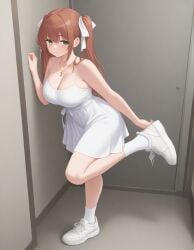 ai_generated bored cleavage ginger green_eyes light-skinned_female monika_(doki_doki_literature_club) white_dress