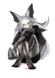 animal_ear_fluff animal_ears black-framed_eyewear black_footwear black_gloves black_legwear black_skirt closed_mouth dya_rikku_(vtuber) feet female forehead full_body glasses gloves grey_hair jacket long_hair long_sleeves looking_at_viewer miniskirt no_shoes pantyhose pencil_skirt semi-rimless_eyewear shoes shoes_removed silver_hair simple_background sitting skirt soles solo striped tail toes under-rim_eyewear very_long_hair vyugen white_background