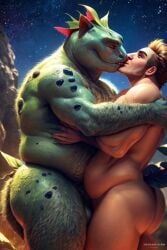 ai_generated anthro gay gay_kissing human human_male interspecies light-skinned_male light_skin male male_focus male_only nintendo pokemon pokemon_(species) pokephilia questionable scalie venusaur