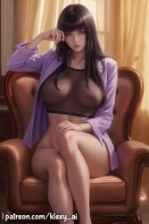 1female 1girls ai_generated alternate_version_available asian asian_female big_breasts black_hair blush boruto:_naruto_next_generations bottomless bottomless_female clothed clothed_female clothing crop_top crossed_legs hand_on_knee head_tilt hyuuga_hinata indoor indoors jacket jacket_open klexyai looking_at_viewer moving_hair naruto naruto_(series) open_jacket partially_clothed partially_clothed_female patreon patreon_username purple_eyes shiny shiny_clothes shiny_skin sitting sitting_on_chair straight_face sunlight window