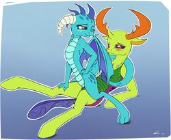 2017 absurd_res blush changeling dragon duo female feral friendship_is_magic hi_res hooves horn interspecies king_thorax_(mlp) looking_back lying male membranous_wings my_little_pony neko-me on_back on_top one_eye_closed princess_ember_(mlp) reverse_cowgirl_position scalie sex smile straight thorax_(mlp) wings