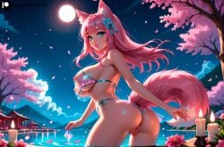 1girls ai_generated big_breasts breasts cameltoe curvy feet female female_focus fox_ears fox_girl fox_tail furry innocent kitsune looking_at_viewer looking_shy melissa_(stblfantasy) original pink_hair pussy seated solo stable_diffusion stblfantasy teeth thick_thighs thighs turquoise_eyes vagina young_female