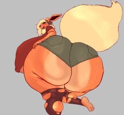 absurd_res anthro ash_(void_dew) ass bandage bandage_on_face beanie big_breasts big_butt big_ears blonde_hair bodily_fluids bottomwear breasts clothing crop_top ear_piercing eeveelution feet female flamingsanity flareon fluffy fluffy_tail fur generation_1_pokemon hair hand_on_butt hat headgear headwear hi_res huge_breasts huge_butt huge_thighs hyper hyper_breasts hyper_butt legs_up legwear multicolored_body multicolored_fur neck_tuft nintendo nipple_outline open_mouth piercing pockets pokemon pokemon_(species) pulling_on_clothes raised_leg shirt shorts simple_background solo standing stockings sweat sweatdrop sweaty_butt tail thick_thighs tongue tongue_out tongue_piercing topwear torn_clothing torn_legwear torn_stockings tuft two_tone_body two_tone_fur wide_hips