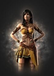 3d 3d_(artwork) armband artist_name belly_dancer belly_dancer_outfit black_hair cleavage collar dancer dancer_outfit exotic exotic_dancer final_fantasy final_fantasy_vii final_fantasy_vii_remake fit_female gold_jewelry highres jewelry long_hair looking_up midriff necklace pinup pinup_pose posing red_eyes skirt sreliata_(artist) strapless tifa_lockhart toned wrist_cuffs