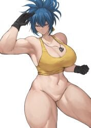 1girls batako big_breasts blue_eyes blue_hair bottomless breasts busty clothed curvaceous earrings female gloves huge_breasts king_of_fighters leona_heidern long_hair no_pants pale-skinned_female pale_skin ponytail pussy soft_breasts standing tank_top thick thick_legs thick_thighs thighs tied_hair tight_clothes tight_pussy voluptuous voluptuous_female wide_hips