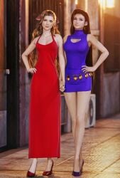 2girls 3d 3d_(artwork) aerith_gainsborough artist_name back_view belt black_hair blue_dress boob_window brown_hair earrings elegant_dress final_fantasy final_fantasy_vii final_fantasy_vii_remake fit_female green_eyes hair_ornament handholding high_heels highres lesbian_couple long_dress long_hair looking_at_viewer makeup red_dress red_eyes ribbons romantic romantic_ambiance romantic_couple short_dress sreliata_(artist) tifa_lockhart tight_fit toned