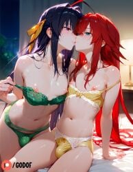 1boy 1femboy 2boys 2femboys ai_generated akeno_himejima femboy flat_chest gay godof high_school_dxd patreon rias_gremory small_breasts small_penis underwear yaoi