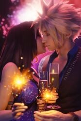 3d 3d_(artwork) artist_name black_hair blonde_hair blue_dress champagne closed_eyes cloud_strife couple dress earrings final_fantasy final_fantasy_vii final_fantasy_vii_remake fireworks fit_female highres holding_glass holding_object imminent_kiss long_hair new_year new_years_eve red_eyes romantic romantic_ambiance romantic_couple sparkler sreliata_(artist) tifa_lockhart toned