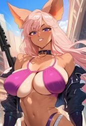 2d ai_generated animal_ears big_breasts bikini female female_focus female_only highleg highleg_bikini jacket rose_(zaiyuki) solo solo_female solo_focus tagme zaiyuki