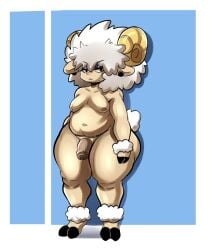 anthro belly bighorn_sheep bovid caprine ear_piercing ear_ring ewegene_(pillothestar) femboy fingers fur genitals hair half-closed_eyes hi_res hooved_fingers hooved_toes hooves horn male male_focus male_only mammal moobs narrowed_eyes navel nipples nude penis piercing ring_piercing sheep slightly_chubby slightly_chubby_male small_penis solo tail tan_body teapot_(body_type) thick_thighs unknown_artist white_hair wide_hips wool_(fur) wool_hair