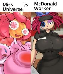 2girls big_breasts black_hat black_shirt bow button_eye candy candy_girl fast_food_employee fast_food_restaurant fast_food_uniform hourglass_figure huge_breasts looking_at_viewer mekaatomic meme mkatom name_tag pink_eyes pink_hair pink_outfit princess_loolilalu ragatha_(the_amazing_digital_circus) red_hair tagme the_amazing_digital_circus wide_hips