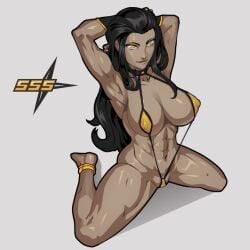 almost_naked almost_nude arms_up barely_clothed bikini black_hair blank_background buff buff_female clothed_variant equinox006 female female_focus female_only fit fit_female long_black_hair long_hair looking_at_viewer mandarinia_(sexy_shuriken_struggle) muscles muscular muscular_arms muscular_chest muscular_female muscular_legs muscular_thighs ninja ninja_girl nipples_visible_through_clothing sexy_pose sexy_shuriken_struggle_(game) shuriken sling_bikini sling_swimsuit text yellow_bikini yellow_eyes