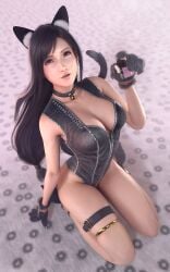 3d 3d_(artwork) animal_ears artist_name bell bell_collar black_hair cat_ears cat_gloves cat_outfit cat_tail claws cleavage collar fake_animal_ears final_fantasy final_fantasy_vii final_fantasy_vii_remake fit_female gloves highres kneeling leotard long_hair looking_at_viewer posing posing_for_the_viewer red_eyes simple_background sreliata_(artist) tail thigh_squish thigh_strap tifa_lockhart toned zipper