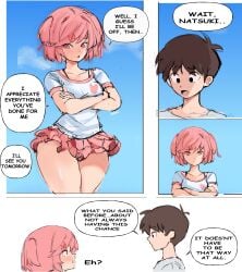 1boy 1girls bag comic comic_page dialogue doki_doki_literature_club english_text female human male mc_(doki_doki_literature_club!) natsuki_(doki_doki_literature_club) pink_eyes pink_hair rakeemspoon shirt skirt sky text