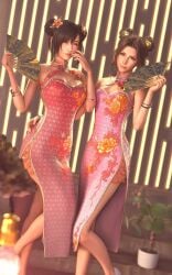 2girls 3d 3d_(artwork) aerith_gainsborough arm_behind_back artist_name black_hair boob_window bracelet brown_hair chinese_clothes chinese_dress cleavage dress earrings fans final_fantasy final_fantasy_vii final_fantasy_vii_remake fit_female green_eyes hair_bun hair_ornament highres holding_fan holding_object hourglass_figure jewelry long_hair patreon pink_dress posing posing_for_the_viewer red_eyes seductive seductive_look seductive_smile sreliata_(artist) tifa_lockhart toned wink