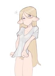 blonde_hair elf female pubes pubes_exposed pubic_hair pulling_shirt_down silac