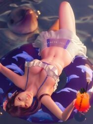 3d 3d_(artwork) artist_name big_breasts bikini bikini_top black_hair cleavage cocktail dolphin drink final_fantasy final_fantasy_vii final_fantasy_vii_remake fit_female flower_in_hair hair_ornament highres holding_drink holding_object long_hair looking_at_viewer pool posing posing_for_the_viewer red_eyes skirt sreliata_(artist) tifa_lockhart toned