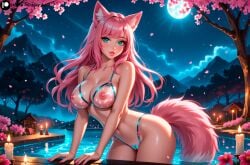 1girls ai_generated big_breasts breasts cameltoe curvy feet female female_focus fox_ears fox_girl fox_tail furry innocent kitsune looking_at_viewer looking_shy melissa_(stblfantasy) original pink_hair pussy seated solo stable_diffusion stblfantasy teeth thick_thighs thighs turquoise_eyes vagina young_female