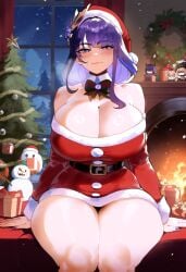 ai_generated ass ass_focus bare_thighs big_ass big_breasts big_butt big_thighs christmas christmas_clothing christmas_outfit christmas_tree dijiai fire focus from_front_position front_view genshin_impact hourglass_figure looking_at_viewer nsfw raiden_shogun round_ass round_butt thick thick_ass thick_butt thick_legs thick_thighs thighs wide_hips