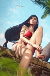 3d artist_name beach bikini bikini_bottom bikini_top black_fingernails black_hair costa_del_sol final_fantasy final_fantasy_vii final_fantasy_vii_rebirth final_fantasy_vii_remake fit_female hair_ornament highres holding_leg long_hair looking_up painted_nails palm_tree patreon red_bikini red_eyes ribbon seagull sitting_on_wall sreliata_(artist) tifa_lockhart toned