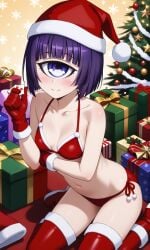 ai_generated christmas christmas_lingerie christmas_tree cyclops manako monster_musume_no_iru_nichijou mostly_nude navel one_eye purple_eye purple_hair red_boots red_gloves santa_hat