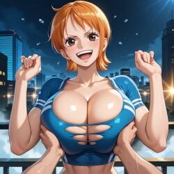 ai_generated big breast_squeeze breasts breasts_bigger_than_head brown_eyes nami nami_(classic) nami_(one_piece) one_piece orange_hair pre-timeskip ripped_clothing short_hair