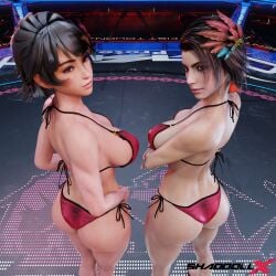 2girls 3d ass ass_cleavage ass_focus azucena_milagros_ortiz_castillo azucena_milagros_ortiz_castillo_(cosplay) bikini butt_focus dark-skinned_female josie_rizal latina namco peruvian_female red_clothing shaddoll_x tekken tekken_8